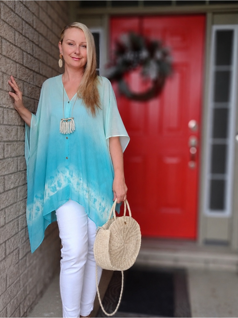 🆕🩵AQUA Ombre V-Neck Tunic kaftan style L/Xl